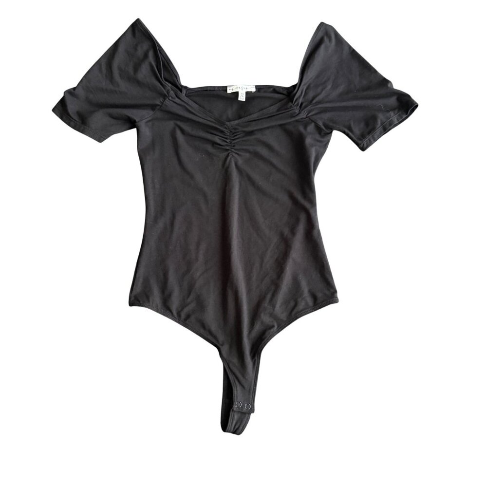 Womens Ruched Square Neck Short Sleeve Black Bodysuit